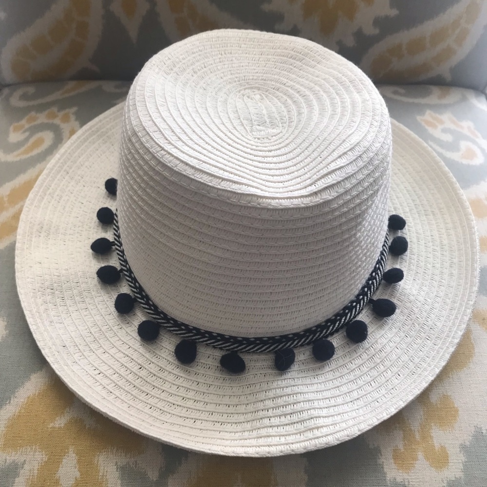 White Straw Hat With Navy Details